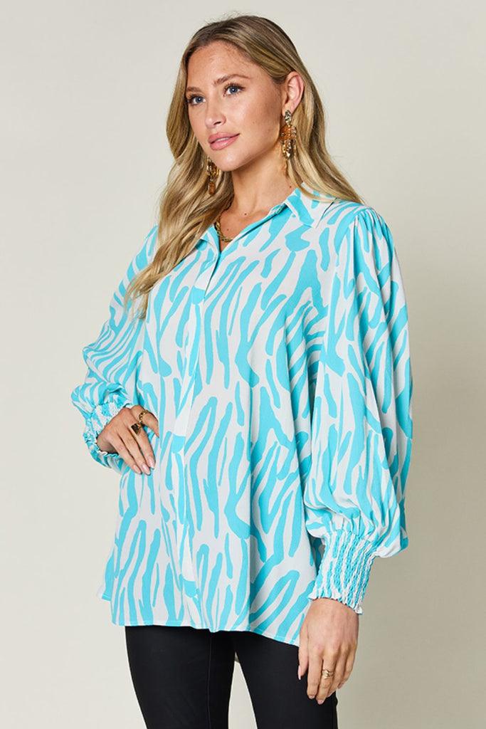 Double Take Full Size Printed Smocked Long Sleeve Blouse