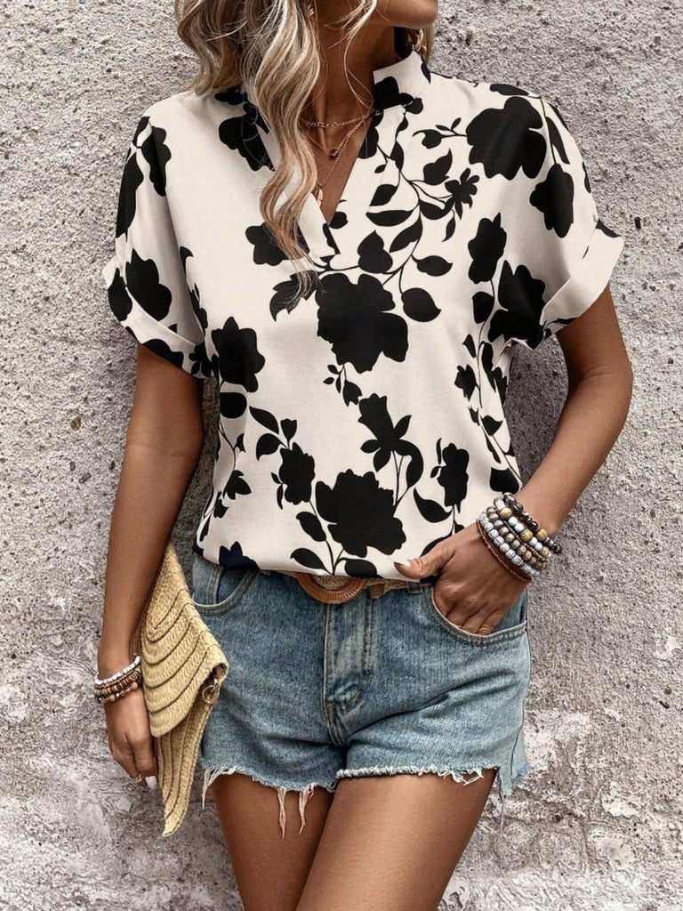 Flower Notched Short Sleeve Blouse