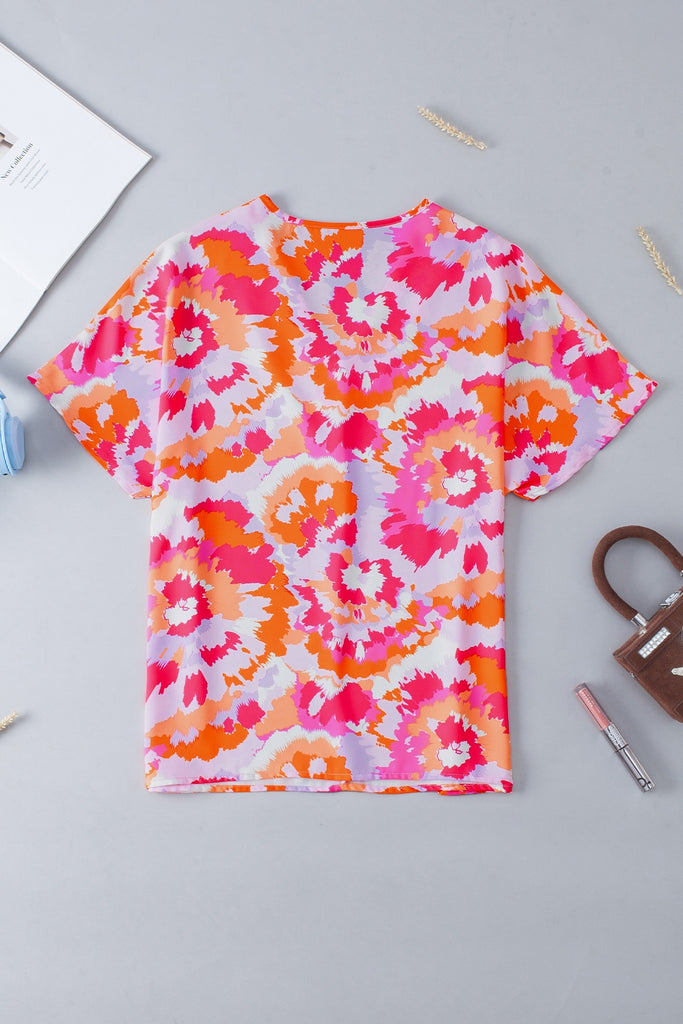 Printed V-Neck Short Sleeve Blouse